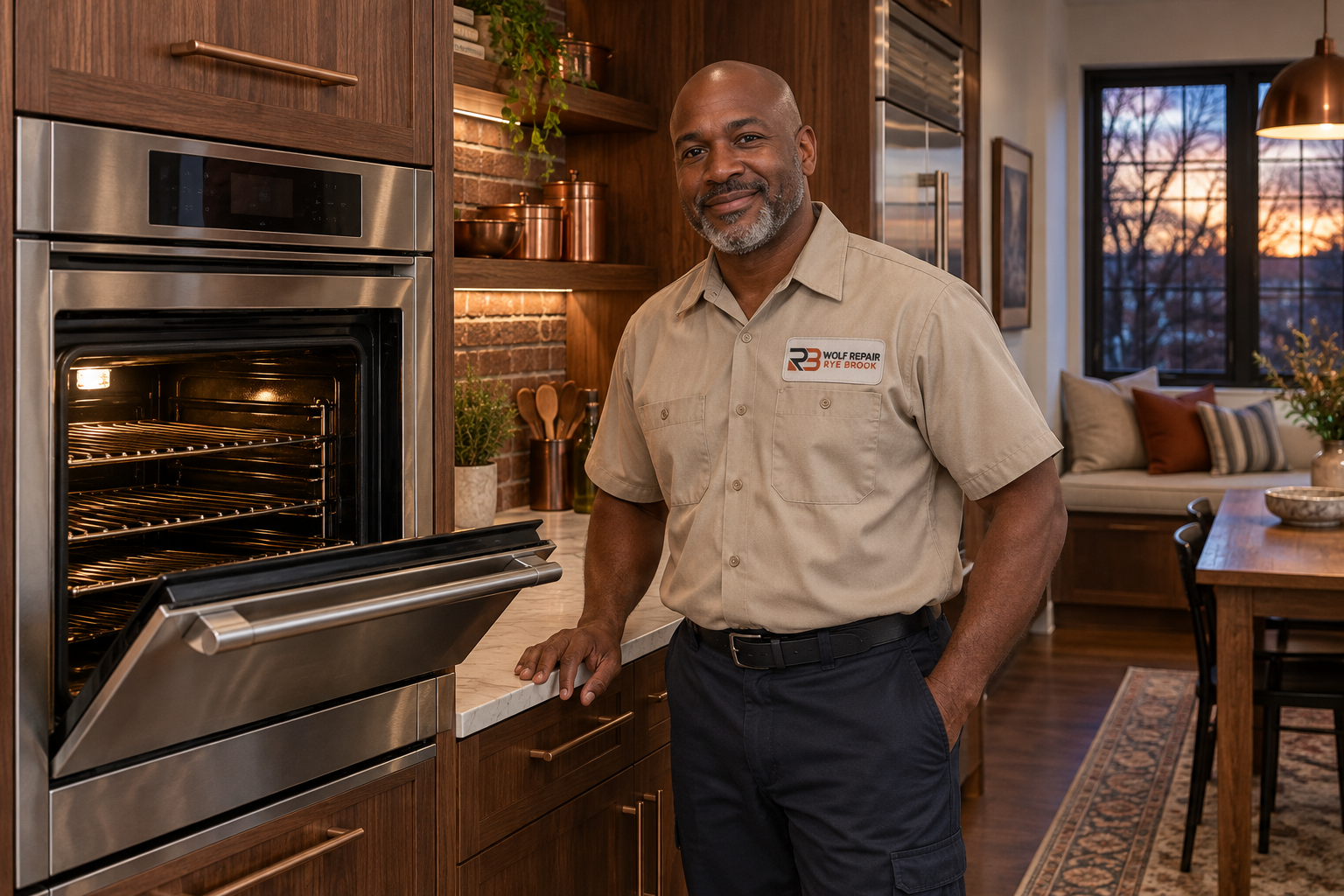Fictional technician beside a Wolf oven — AI illustration for Wolf Repair Rye Brook