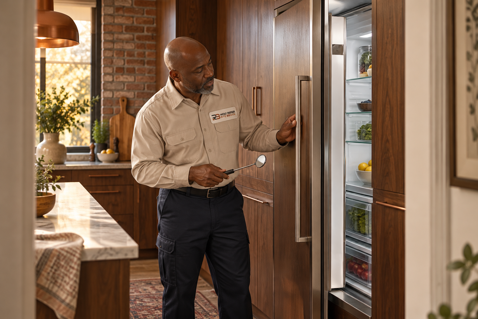 Fictional technician beside a Sub-Zero refrigerator — AI illustration for Wolf Repair Rye Brook