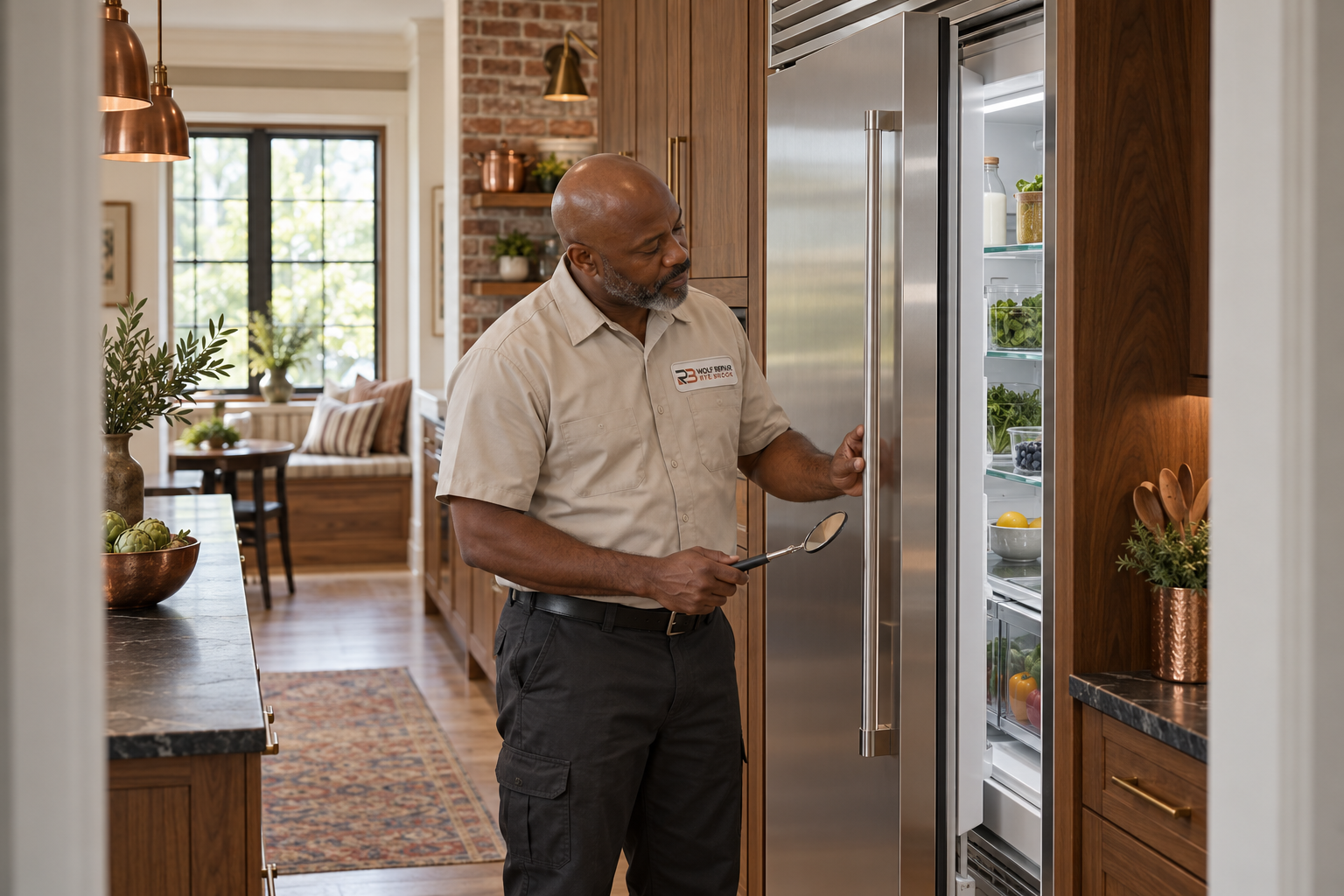 Fictional technician beside a Viking refrigerator — AI illustration for Wolf Repair Rye Brook