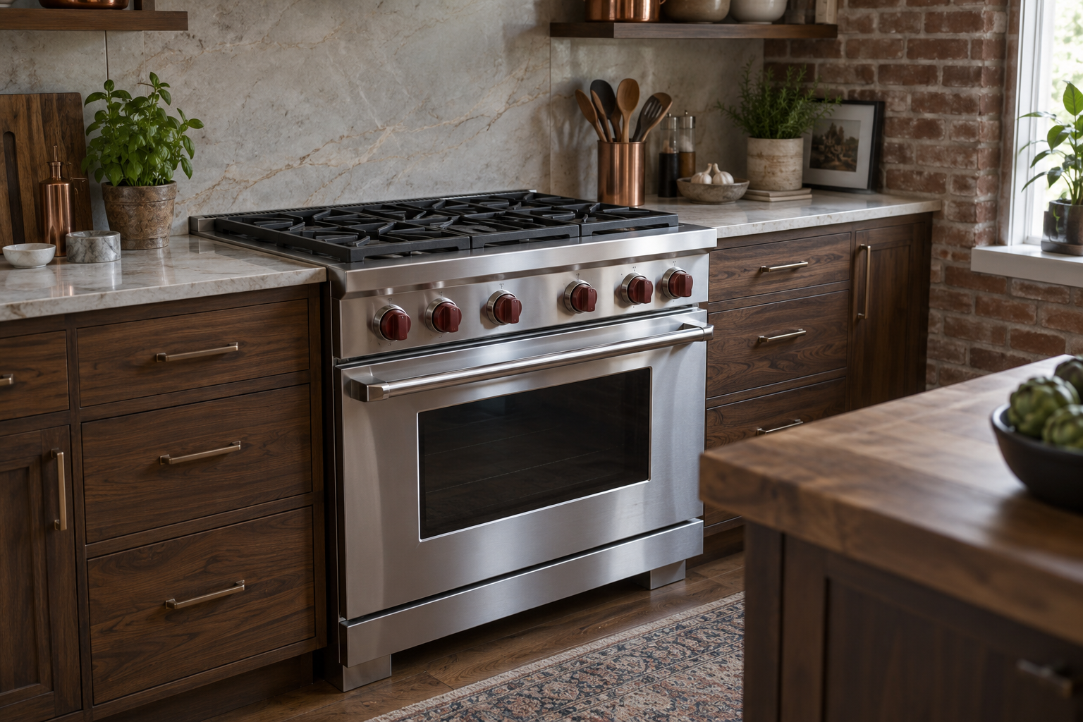Illustrative Wolf range in a residential kitchen — AI image for Wolf Repair Rye Brook