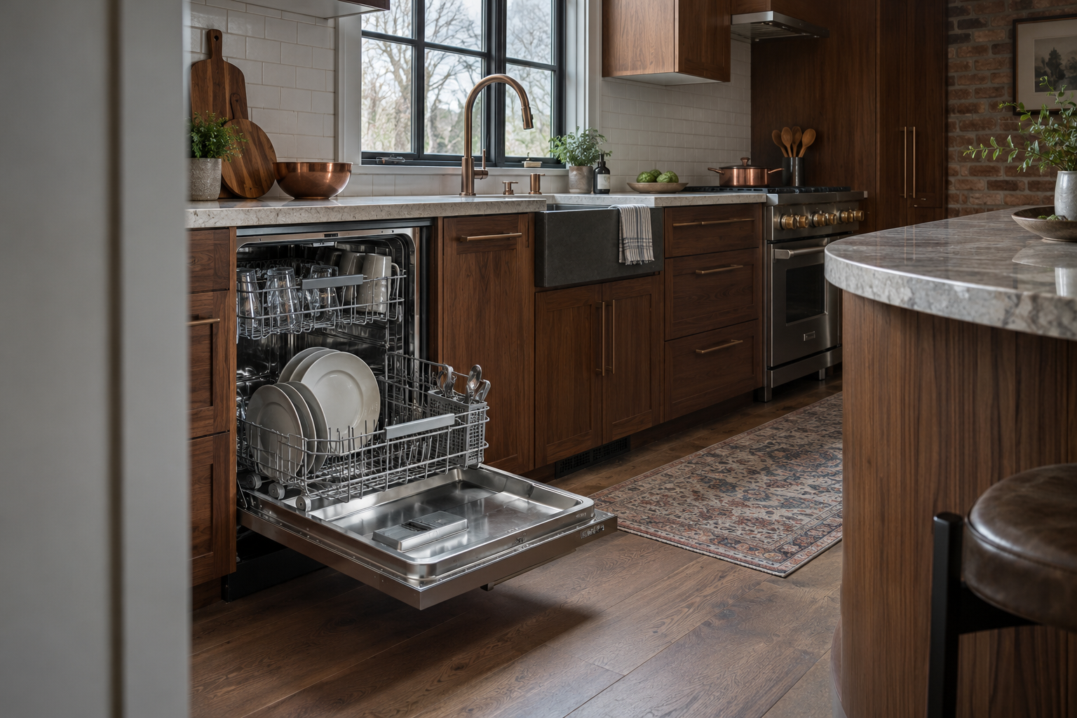 Illustrative Monogram dishwasher in a residential kitchen — AI image for Wolf Repair Rye Brook