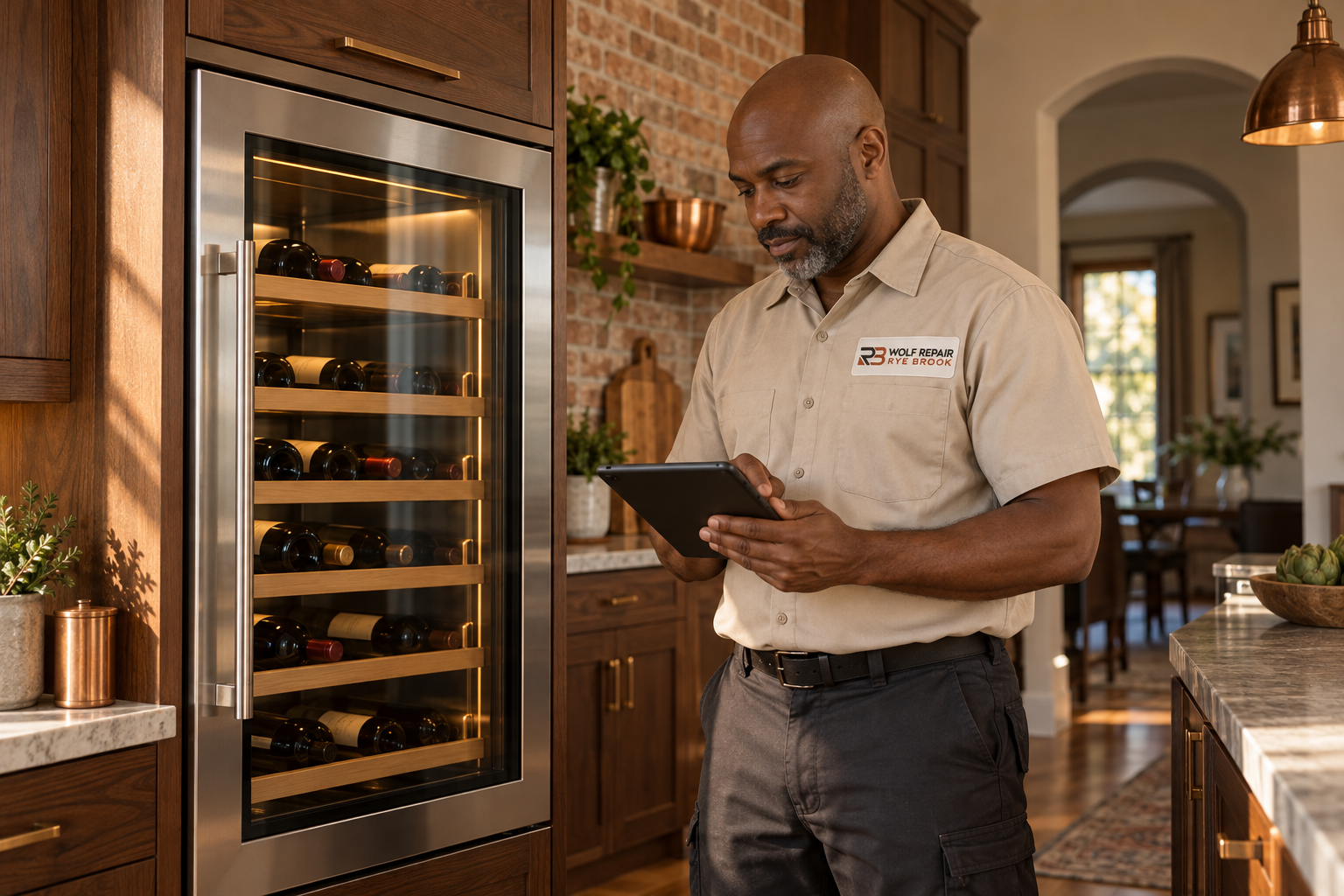 Fictional technician beside a Monogram wine cooler — AI illustration for Wolf Repair Rye Brook