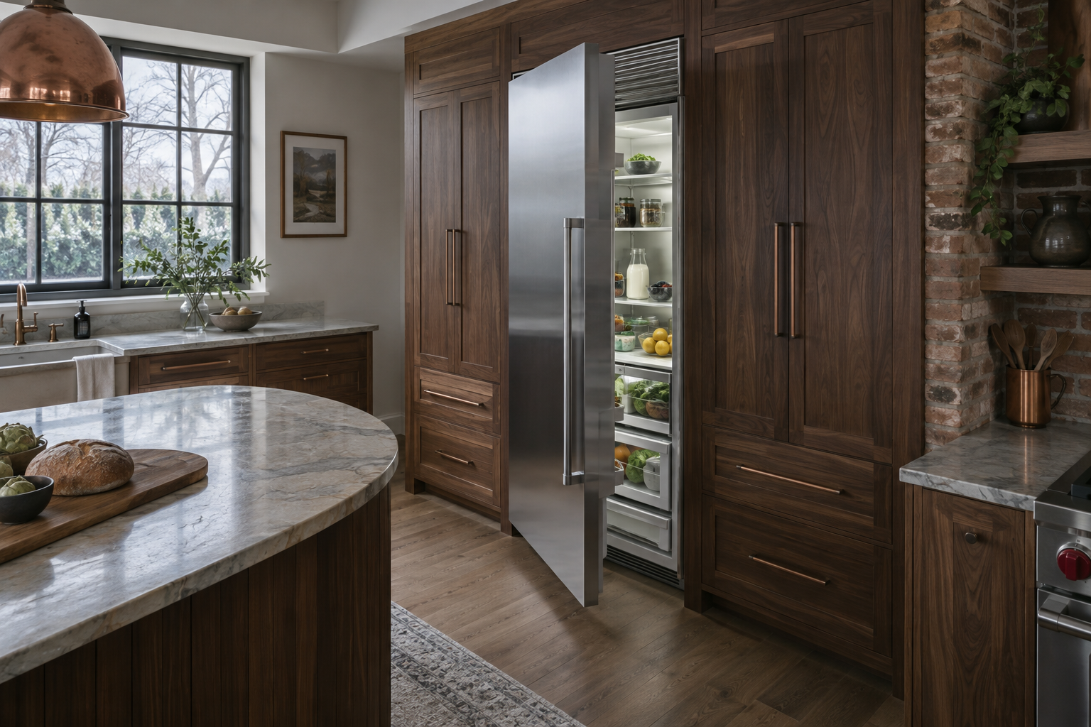 Illustrative Sub-Zero refrigerator in a residential kitchen — AI image for Wolf Repair Rye Brook
