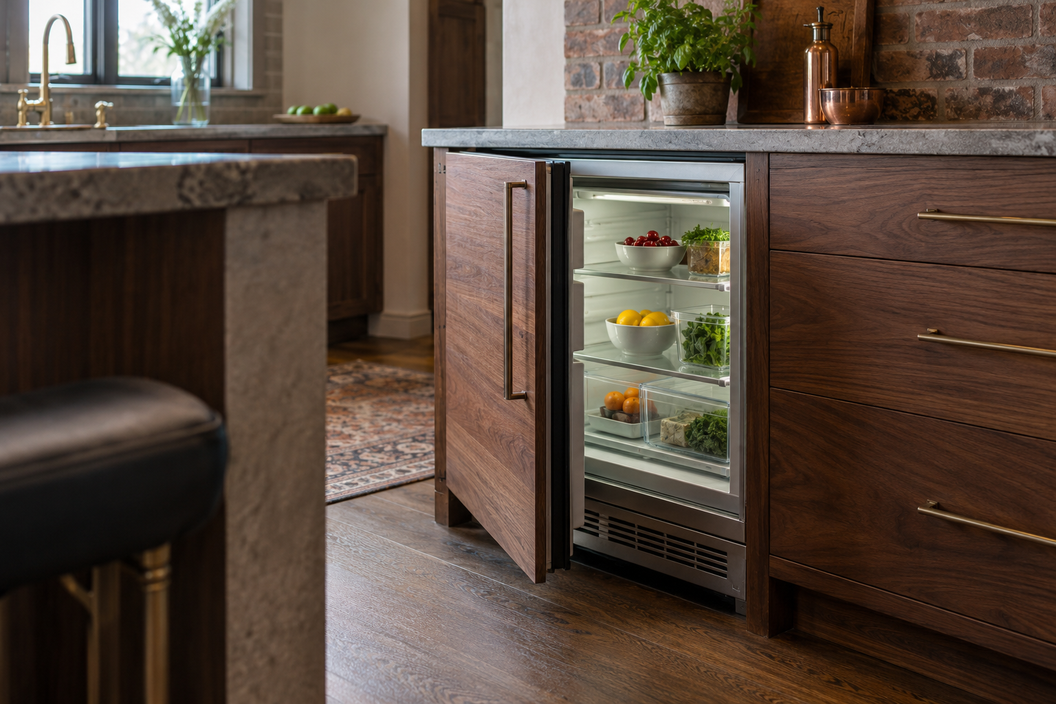 Illustrative Sub-Zero undercounter refrigerator in a residential kitchen — AI image for Wolf Repair Rye Brook