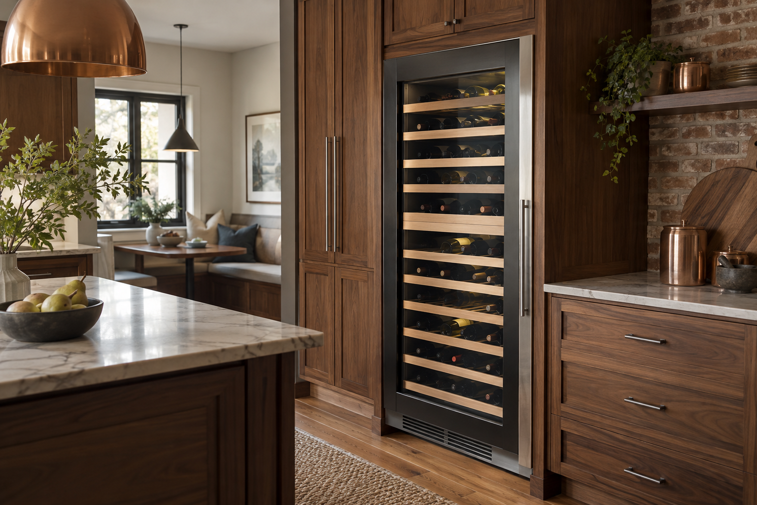 Illustrative Sub-Zero wine cooler in a residential kitchen — AI image for Wolf Repair Rye Brook